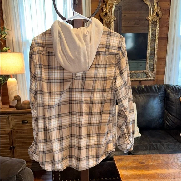 Old Navy Beige Plaid Hooded Flannel Shirt Jacket - Picture 2 of 3